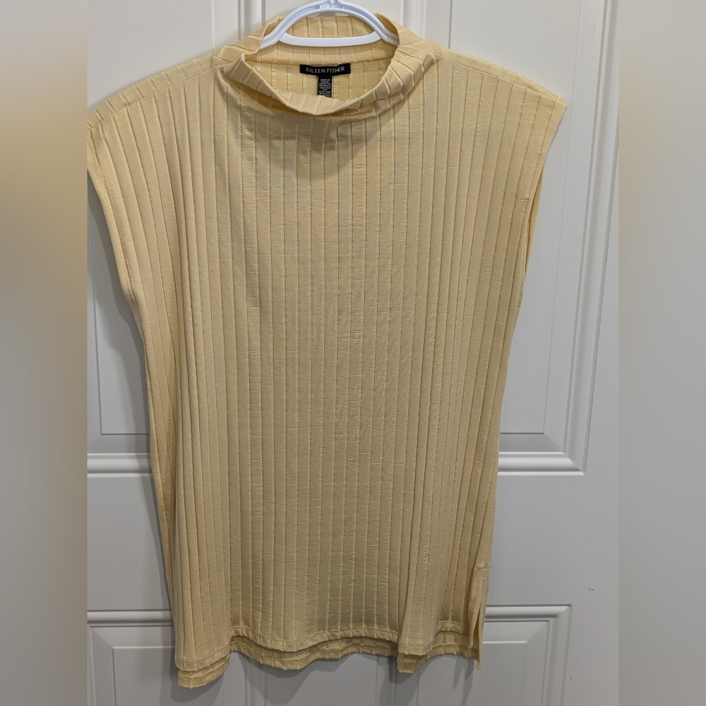Eileen Fisher Ribbed Funnel Neck Sleeveless Top In Butter 🧈